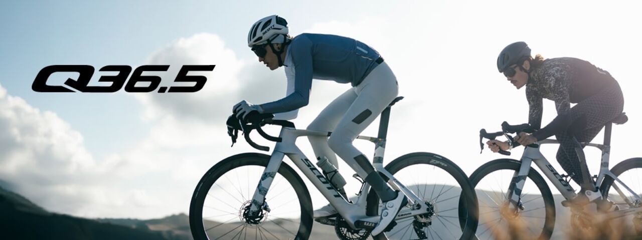Zwei Rennradfahrer in Q36.5 Performance-Bekleidung auf anspruchsvoller Tour bei Gegenlicht – aerodynamisch, funktional, stylisch.