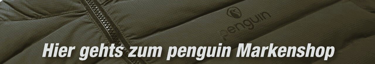 Detailaufnahme einer wattierten Penguin Outdoorjacke mit Reißverschluss und dezentem Logo – jetzt zum penguin Markenshop.
