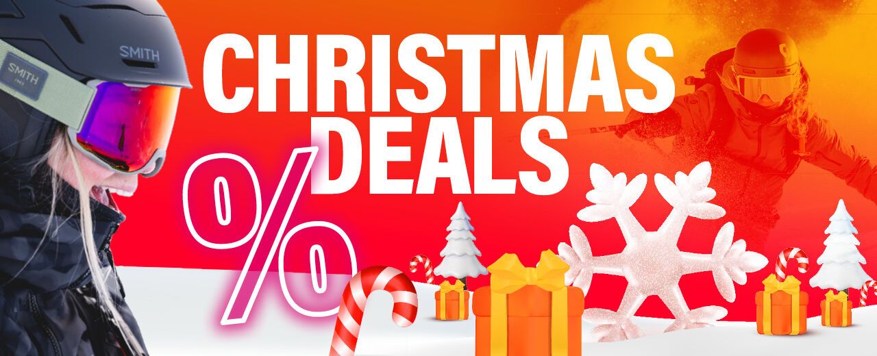 Banner mit Rennrad, Fullface-Helm Aufschrift ‚Christmas-Deals‘ – Rabatte auf Bike- und Ski-Ausrüstung.