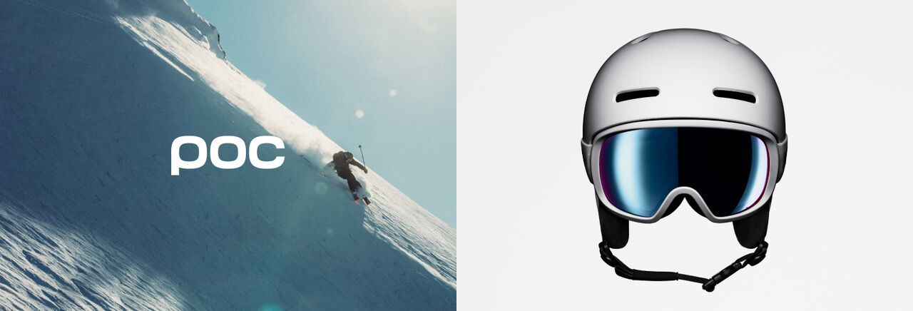 Geteiltes Motiv: Links fährt ein Skifahrer einen steilen, verschneiten Berghang hinab, darüber steht das weiße POC-Logo. Rechts ist vor hellem Hintergrund ein weißer Skihelm mit großer, blau verspiegelter Skibrille abgebildet