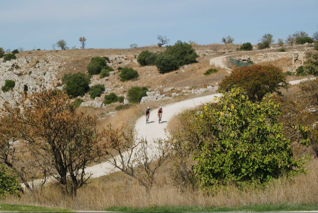 Zwei Rennradfahrer fahren auf einer geschwungenen Schotterstraße durch eine trockene, hügelige Landschaft mit vereinzelten Bäumen und Sträuchern.