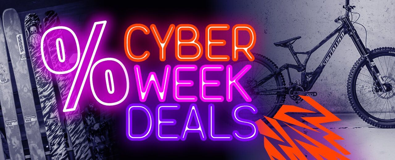 Cyber Week Deals für Bikes und Ski: Bild mit Specialized Mountainbike und Freeride-Ski, umrahmt von auffälliger Neon-Werbung für Rabatte.