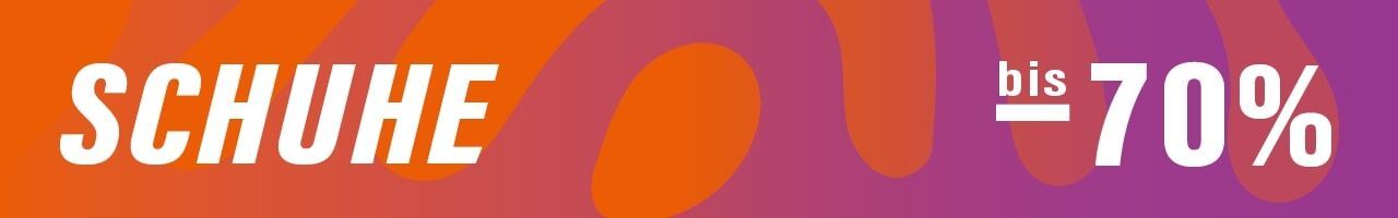 Werbegrafik mit dem Schriftzug „SCHUHE bis -70 %“ auf orange-violettem Hintergrund – Hinweis auf große Rabatte bei Schuhen.