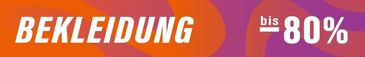 Werbebanner mit dem Text „BEKLEIDUNG bis -80 %“ auf lebhaftem orange-violettem Hintergrund – Hinweis auf große Rabatte auf Sportbekleidung.