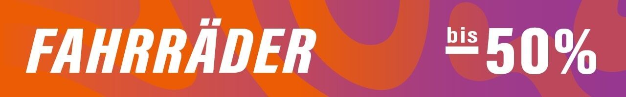 Knallige Werbegrafik mit dem Text "FAHRRÄDER bis -50%" auf orange-lila Hintergrund – Hinweis auf großen Fahrrad-Sale.