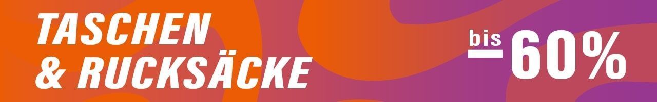 Werbebanner mit dem Schriftzug „TASCHEN & RUCKSÄCKE bis -60 %“ auf lebhaftem orange-lila Hintergrund – Hinweis auf reduzierte Outdoor-Accessoires.