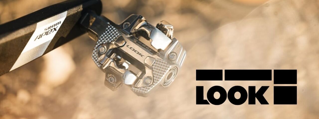 Detailaufnahme eines LOOK MTB-Pedals am SRAM Apex-Kurbelarm – hochwertige Klickpedale für Performance auf jedem Untergrund.