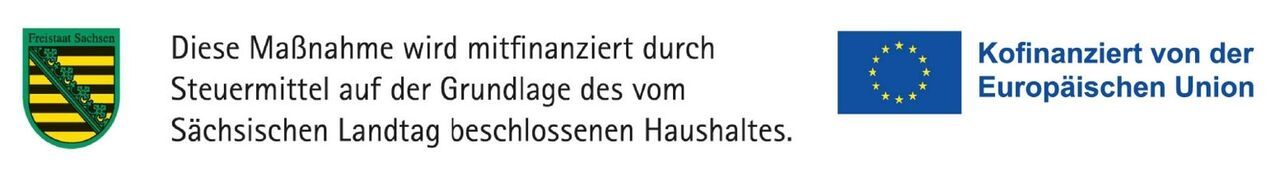 Förderhinweis mit EU-Flagge und Wappen des Freistaates Sachsen: Kofinanzierung durch die Europäische Union und sächsische Steuermittel.