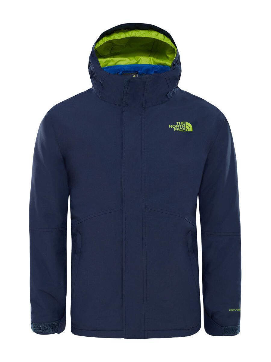 blue and green north face jacket