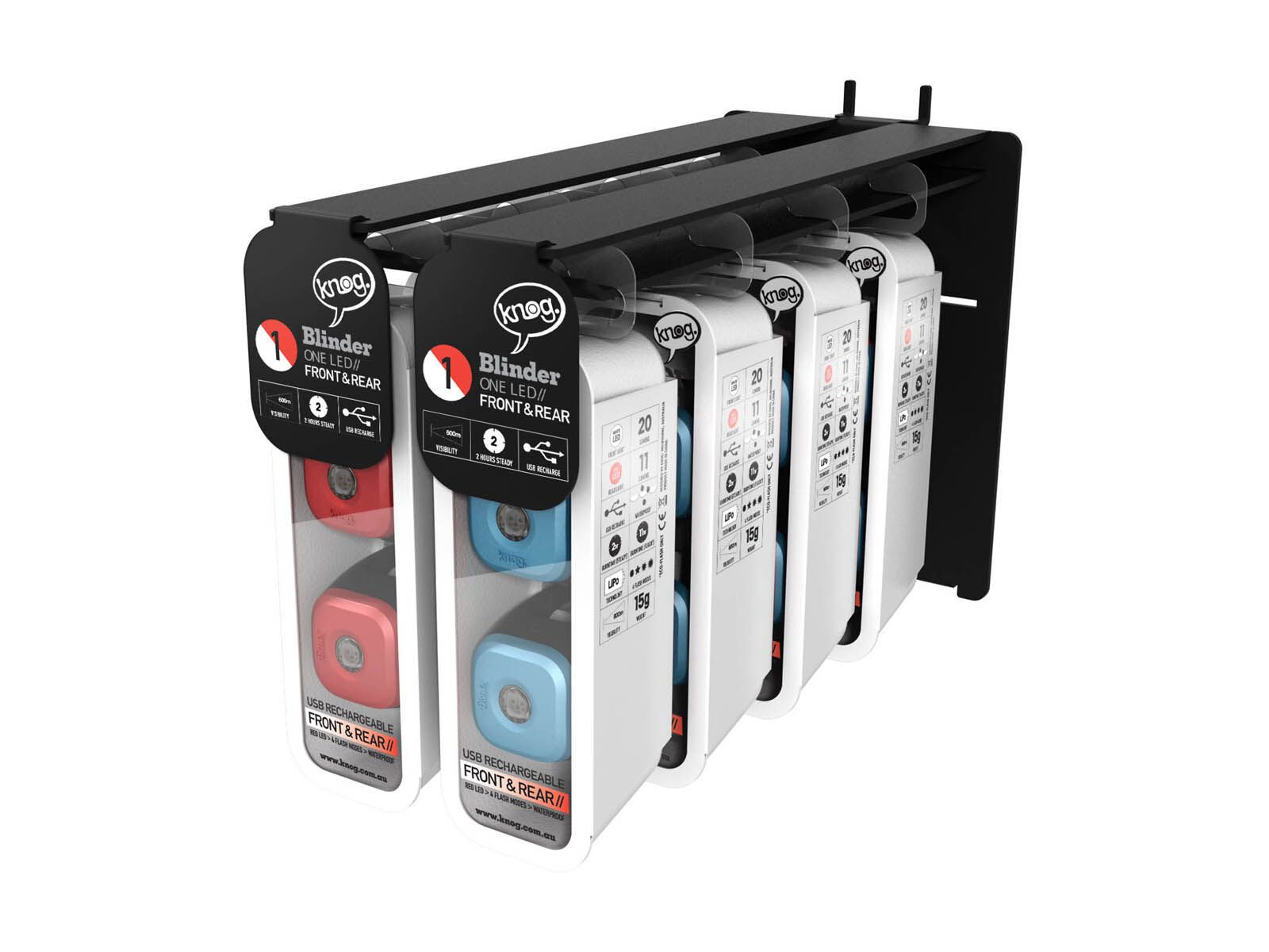 Knog Blinder 1 Standard Twinpack Slatwall Display, rot + blau - Bild 1