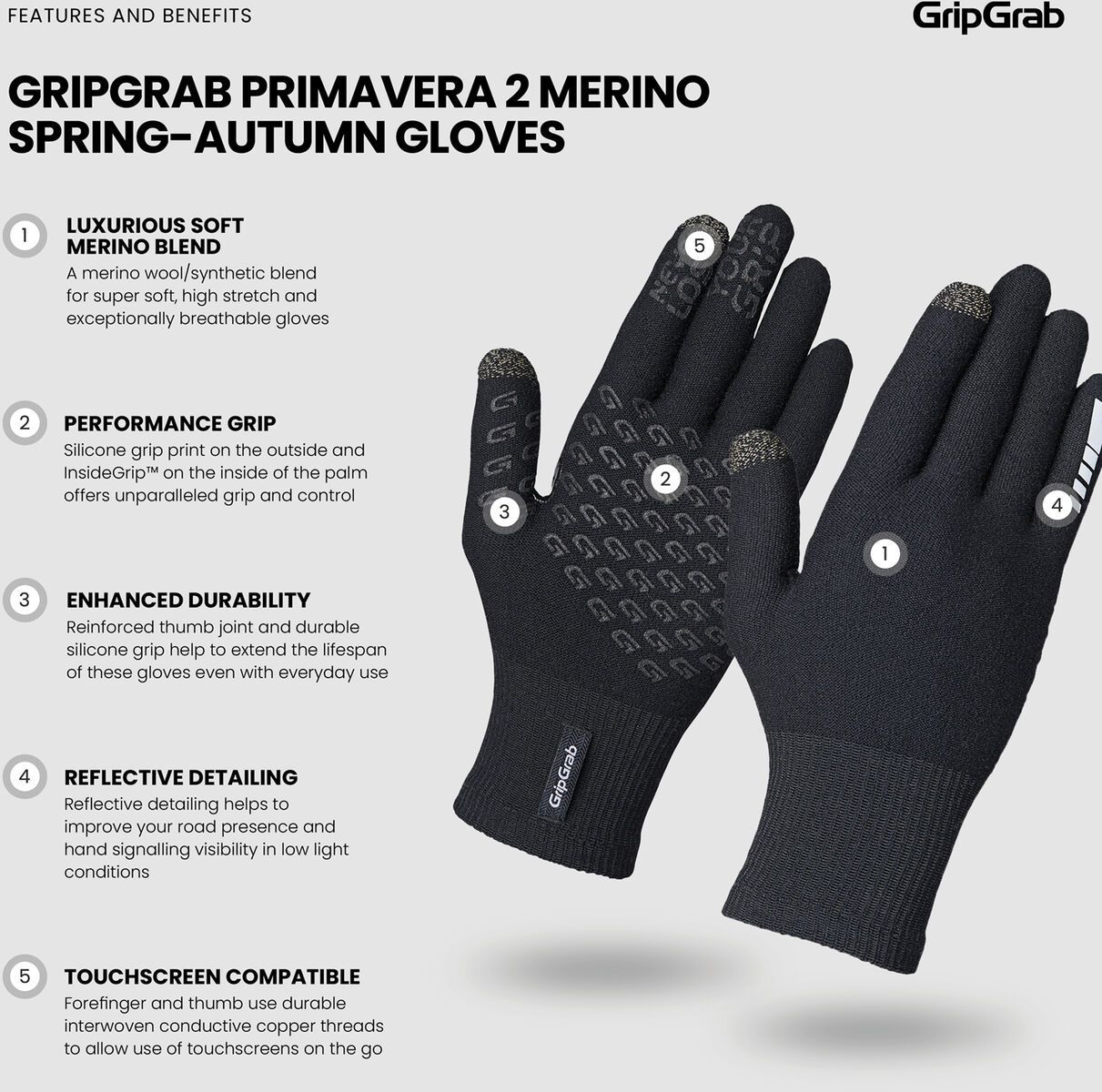 GripGrab Primavera 2 Merino Spring-Autumn Gloves, Black - Bild 10