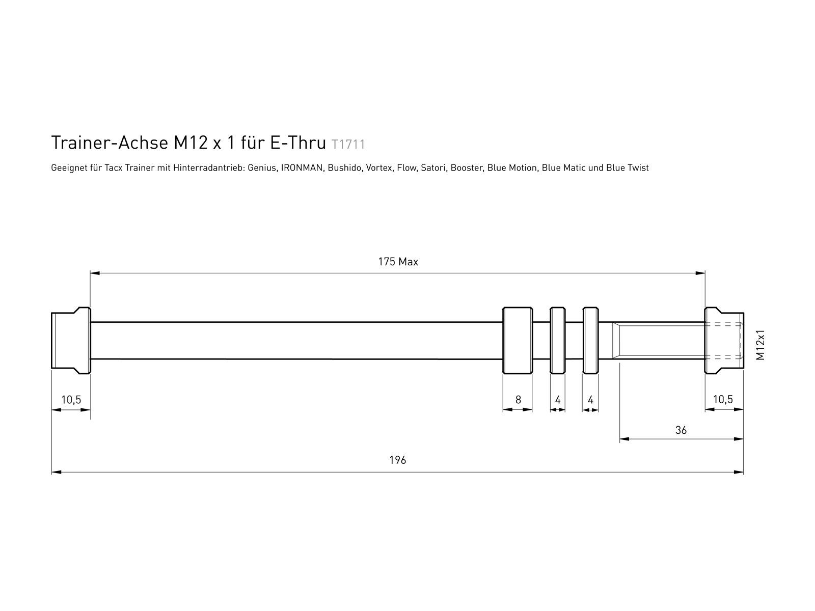 Tacx E-Thru Trainer-Achse T1711 - M12 x 1 / 142 x 12 mm / 175 mm - Bild 2