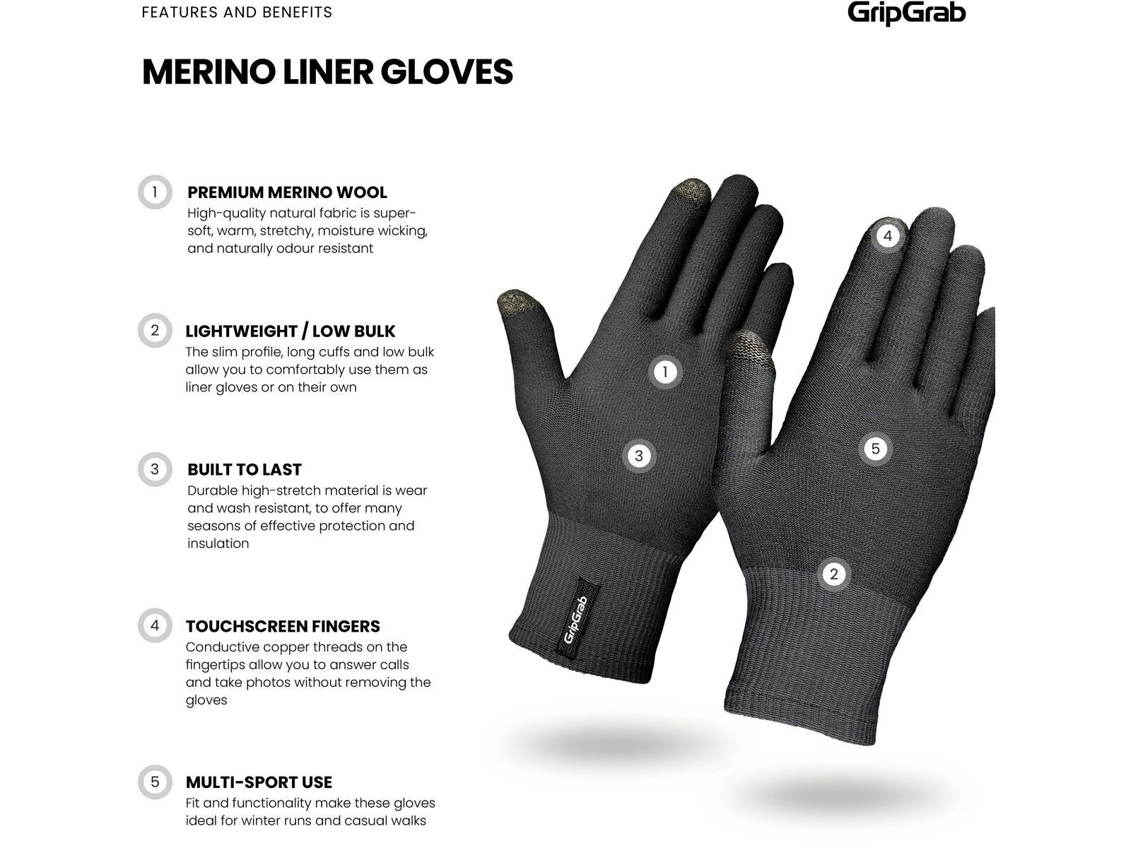GripGrab Merino Wool Liner Gloves, black - Bild 5