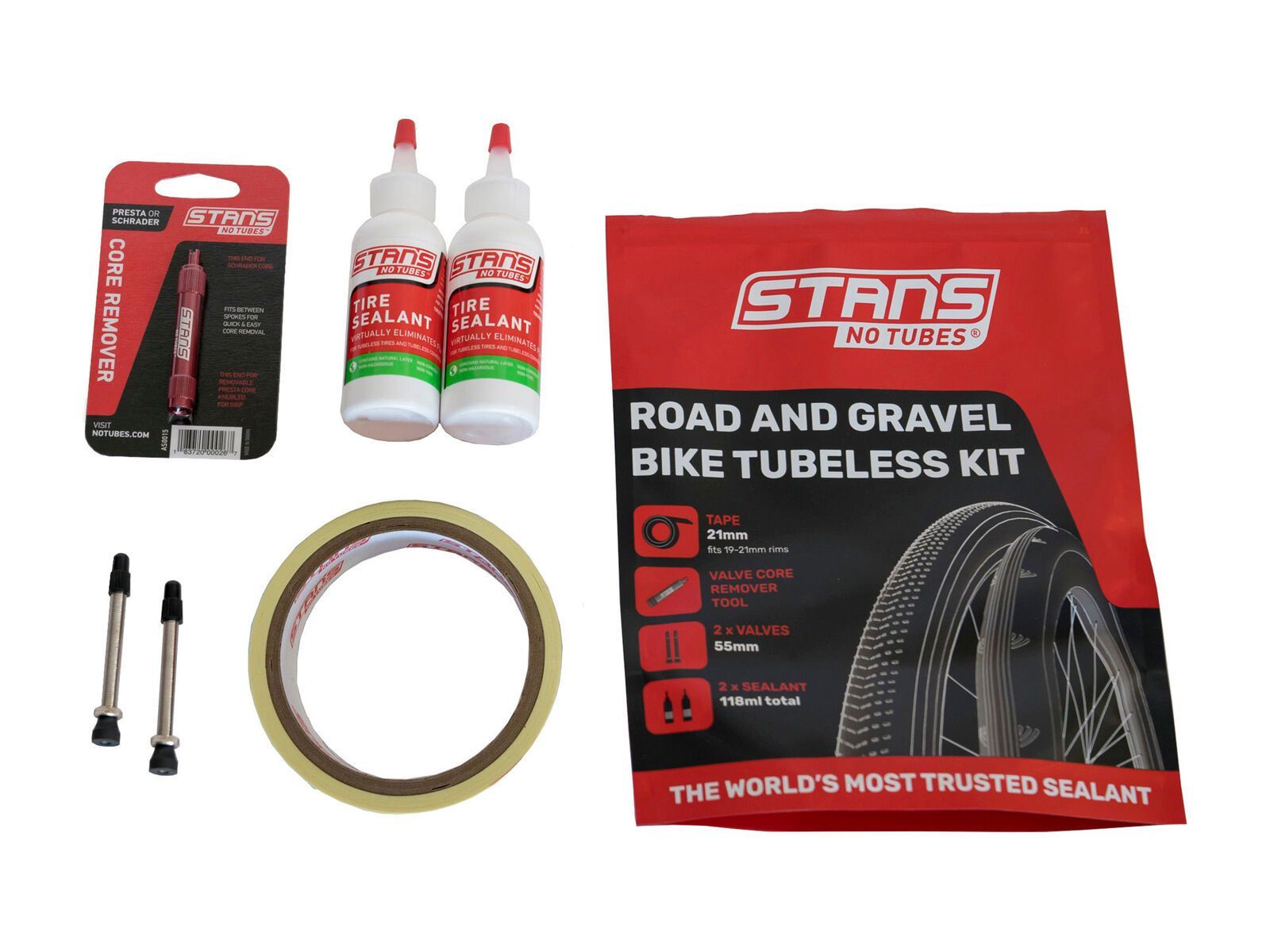 Stan's NoTubes Road and Gravel Bike Tubeless Kit - 21 mm Tape / Valve / Tire Sealant 3550340