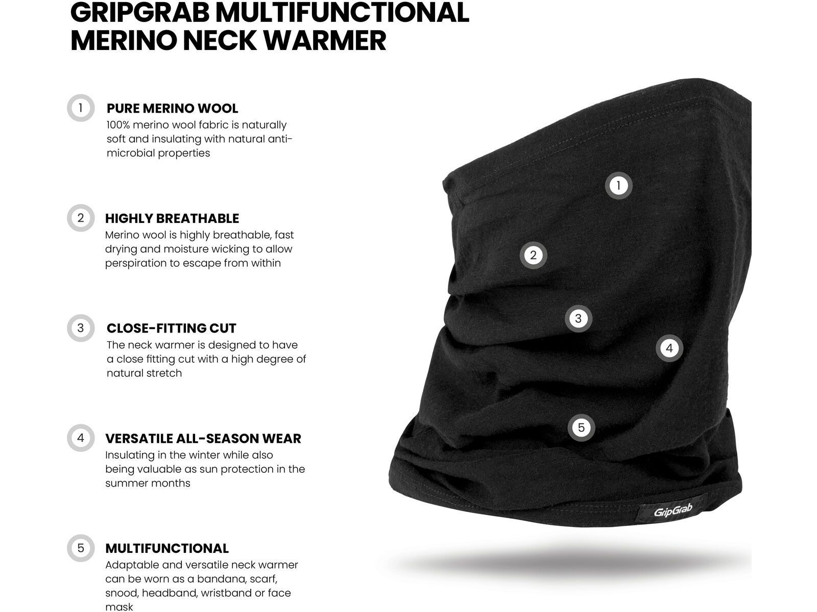 GripGrab Multifunctional Merino Neck Warmer, black - Bild 4