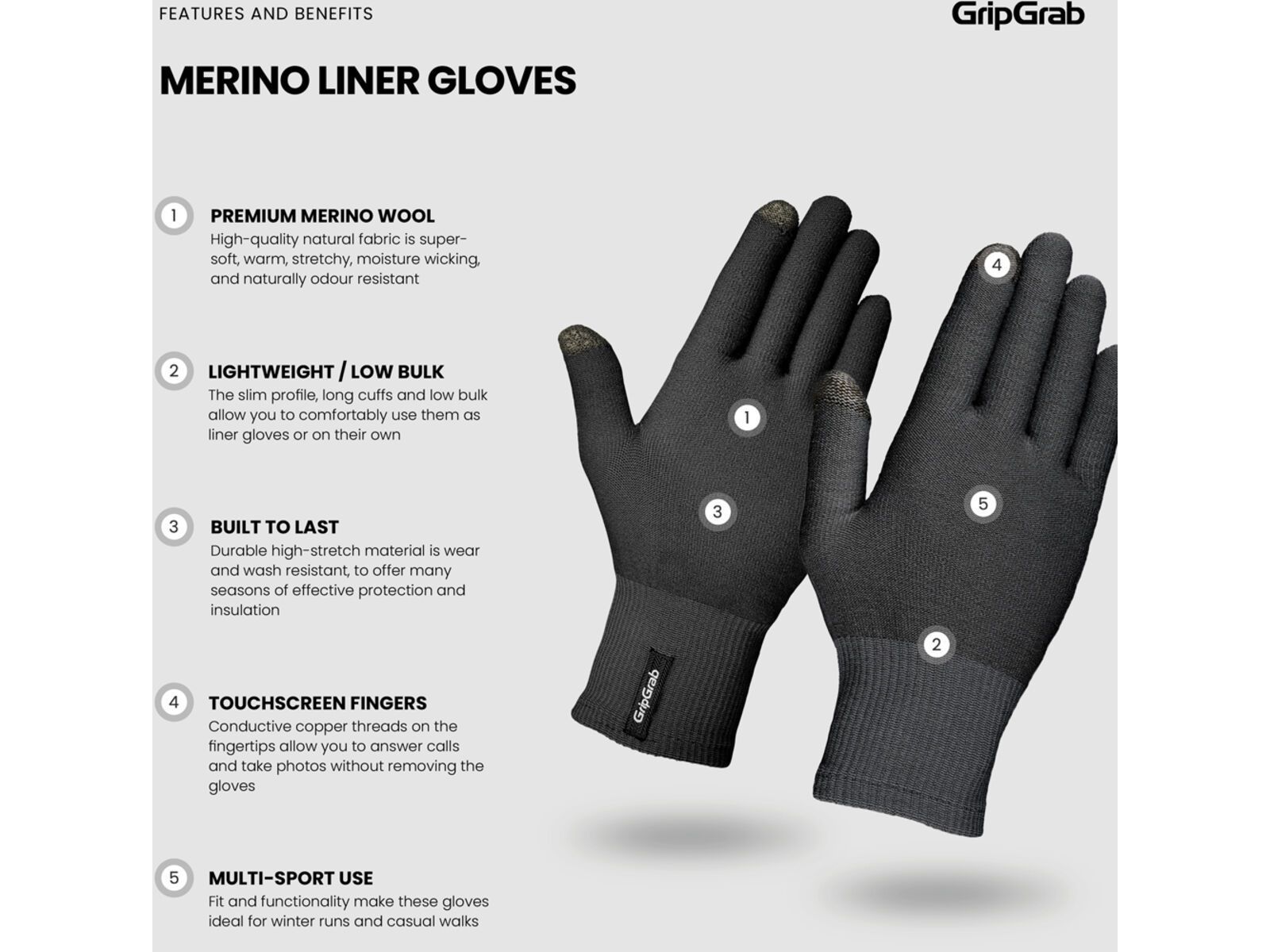 GripGrap Merino Wool Liner Gloves, black | Bild 9
