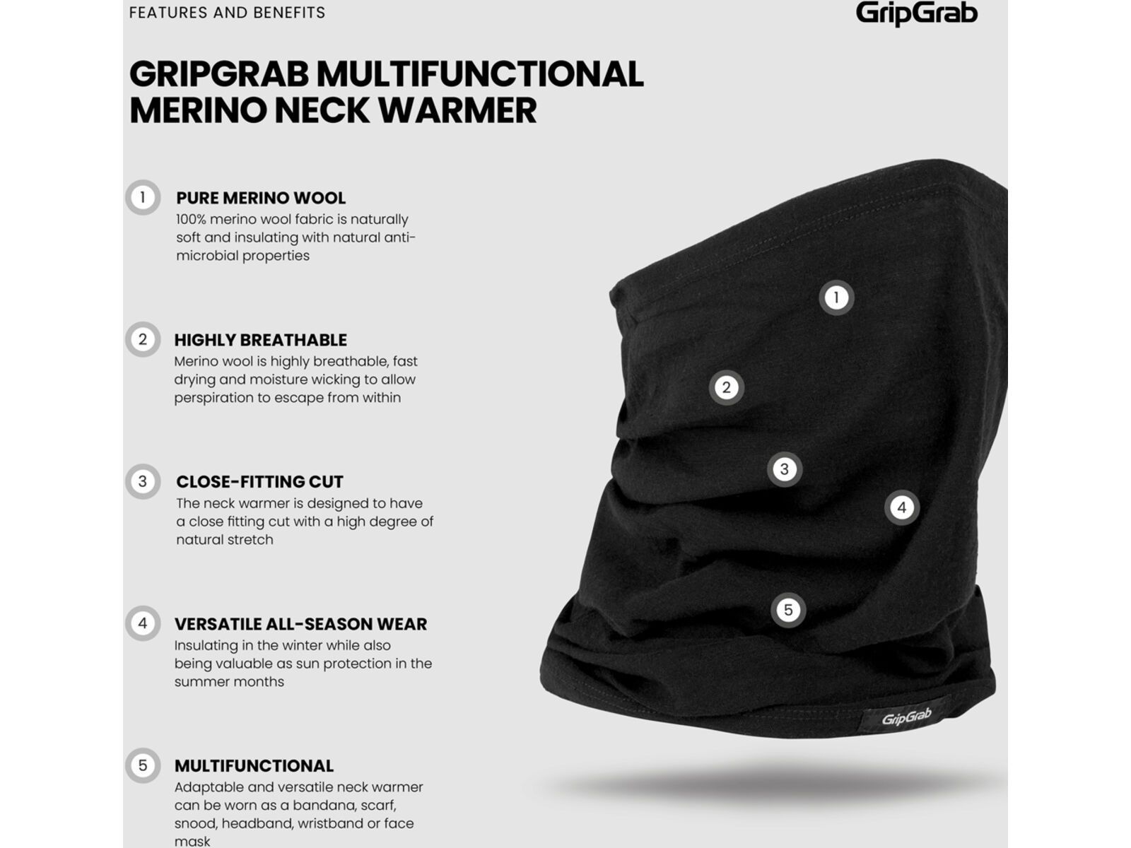 GripGrap Multifunctional Merino Neck Warmer, black | Bild 7