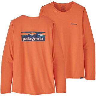 Patagonia Women's Long-Sleeved Capilene Cool Daily Graphic Shirt Boardshort Logo tigerlily orange x-dye